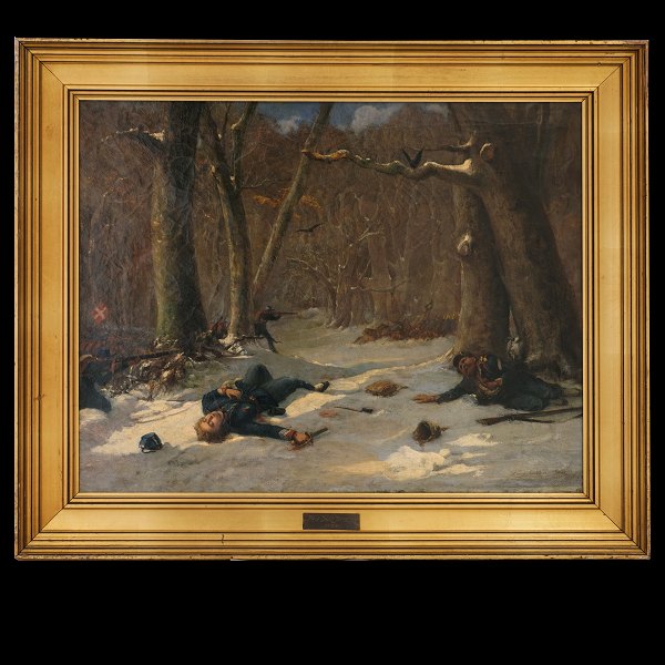 David Jacobsen, 1821-71, olie på lærred. "En Træfning i Skoven, Vinter". 
Signeret og dateret 1864. Lysmål: 48x61cm. Med ramme: 62x75cm