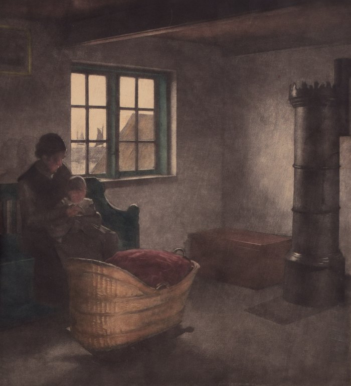 Peter Ilsted. Interior with a mother and child.