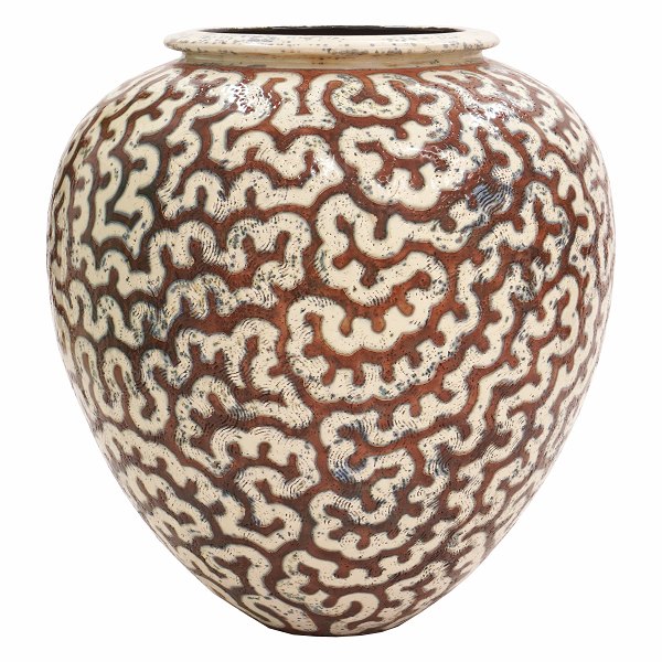 Large Per Weiss, Denmark, stoneware glazed vase with organic patterns. Signed. 
H: 63cm. D: 63cm