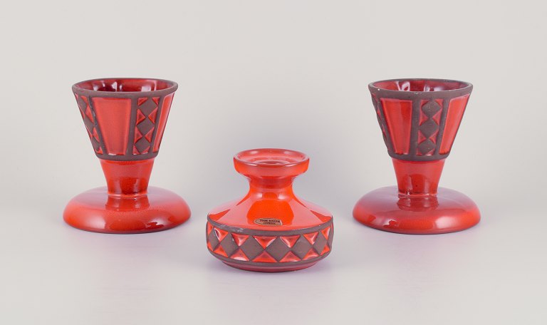Frank Keramik, Denmark.
A pair of vases and a candleholder in glazed earthenware.