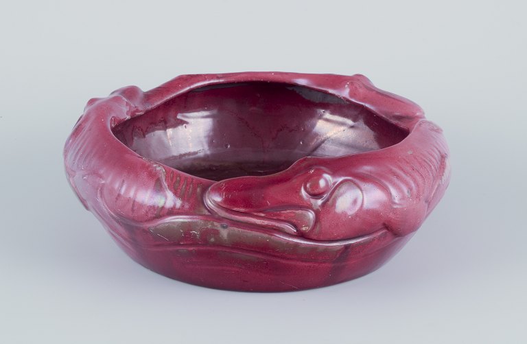 Karl Hansen Reistrup for Kähler.
Ceramic bowl, modeled with fish in relief.