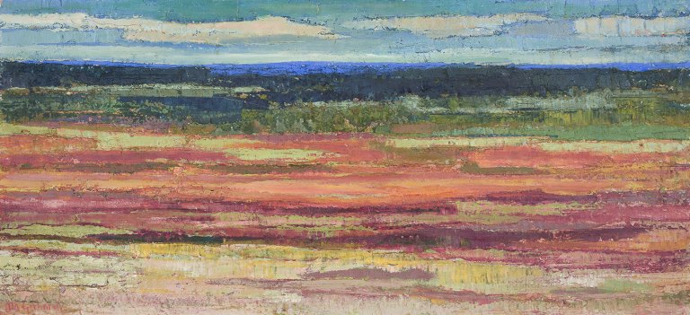 Ola Gerhardt (1920-2006), listed Swedish artist.
Oil on panel.
Abstract landscape.
