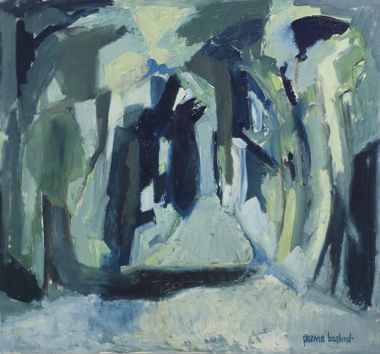 Parmo Baslund (1928-1983), listed Danish artist.
Oil on canvas.
Abstract landscape.