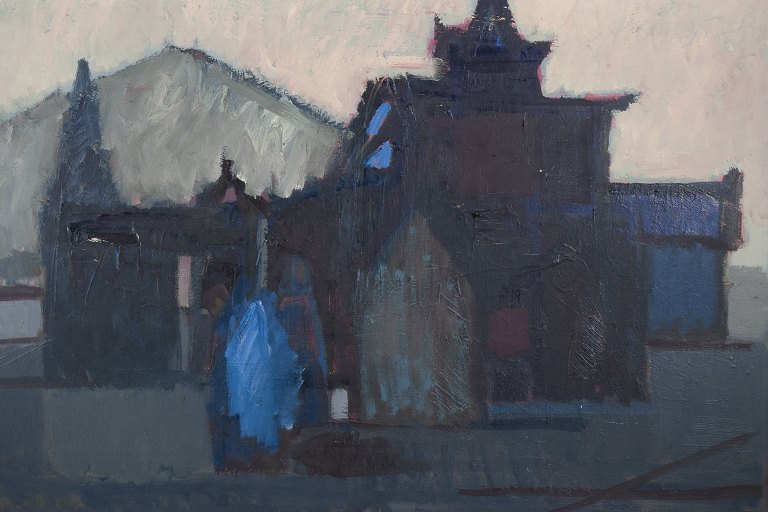 Peer Lorentz Dahl (1915-2005), listed Norwegian-Danish artist.
Oil on canvas.
Motif of a Norwegian church.
Abstract modernist style