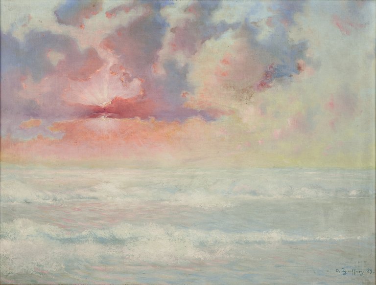 Jean Geoffroy (1853–1924) listed French artist.
Oil on canvas.
Beachside in the sunset.