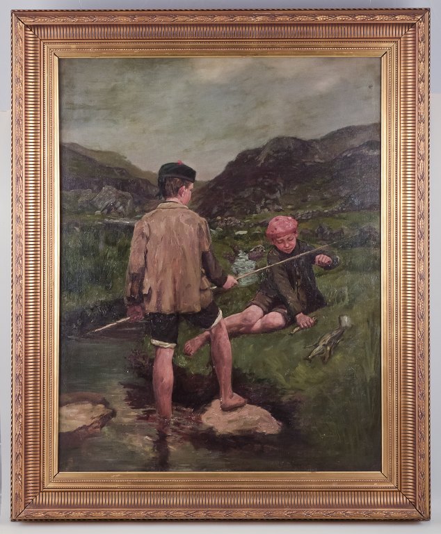 John Yeend King (1855-1924), well-listed British painter.
Oil on canvas.
Motif of two boys fishing by a stream.