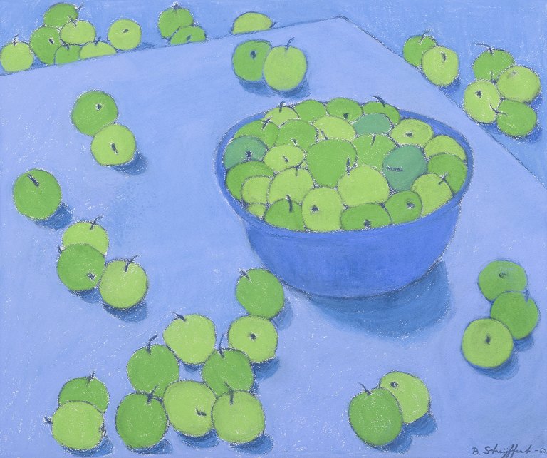 Brita Streijffert (1917-2006), Swedish artist.
Oil pastel on paper.
Fruits in a bowl on a table.