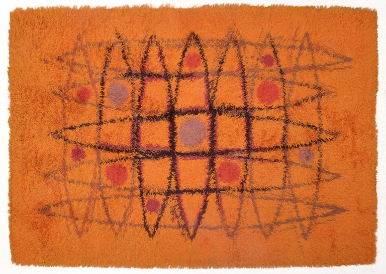 Scandinavian textile artist.
Large cotton rya rug.
Abstract motif. Space Age.