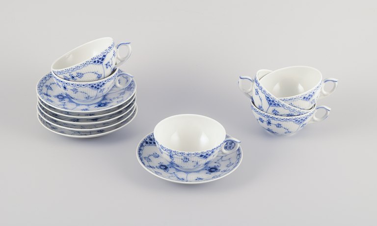 Royal Copenhagen Blue Fluted Half Lace, a set of six teacups with saucers.