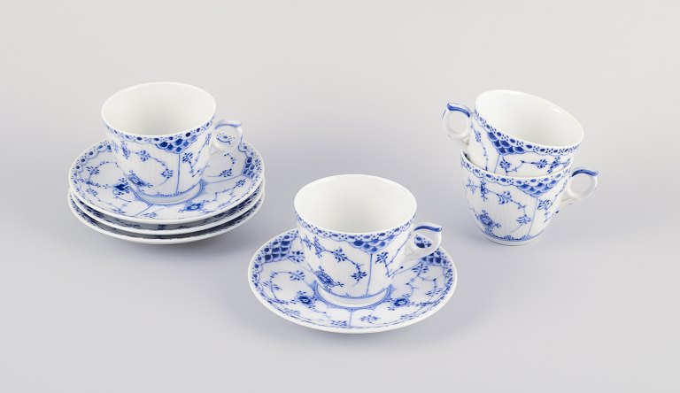 Royal Copenhagen Blue Fluted Half Lace, four pairs of coffee cups and saucers.