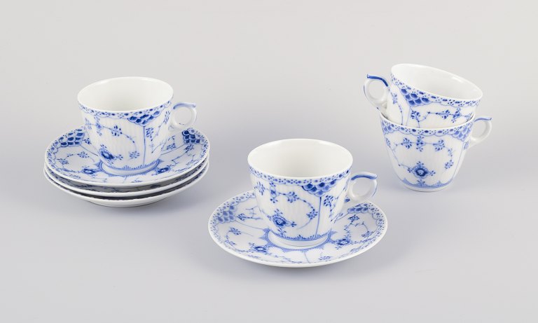 Royal Copenhagen Blue Fluted Half Lace, four pairs of coffee cups and saucers.