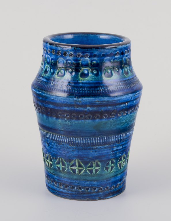 Aldo Londi for Bitossi. Vase in Rimini blue glazed ceramic with geometric 
patterns.