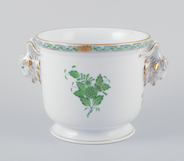 Herend, Hungary. Chinese Bouquet Apponyi Green, porcelain flowerpot. Handles in 
the shape of rams.