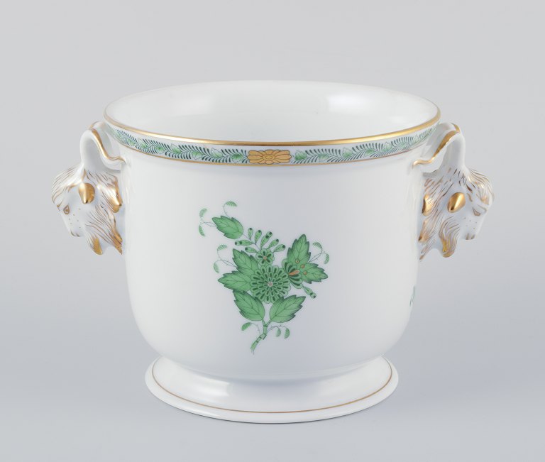 Herend, Hungary. Chinese Bouquet Apponyi Green, porcelain flowerpot. Handles in 
the shape of rams.