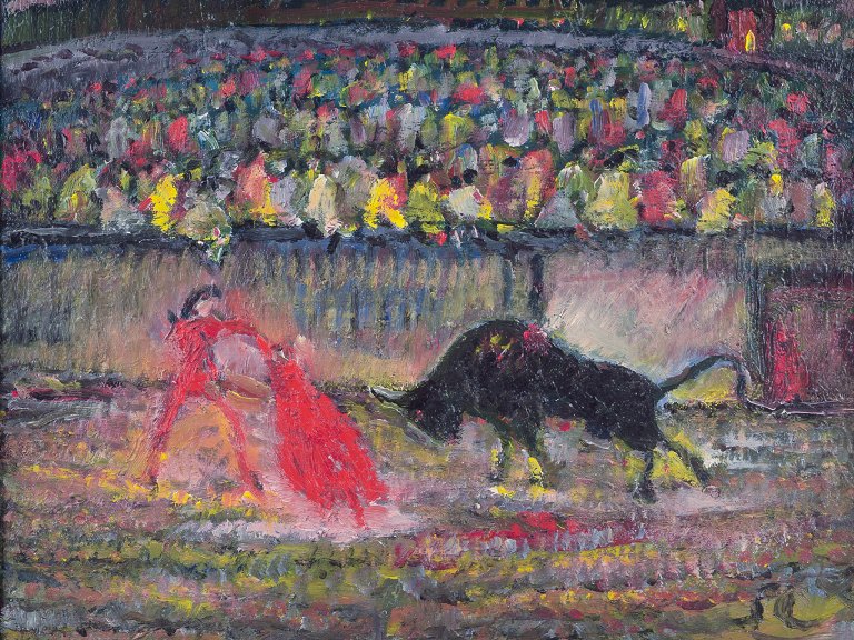 Unknown European artist, oil on canvas.
Motif of matador in bullfight arena. 
Abstract style.