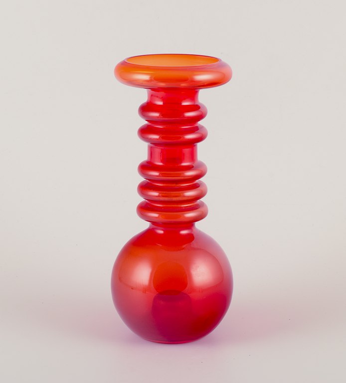 Tamara Aladin for Riihimäen Lasi, Finnish glass artist.
‘Carmen’ vase in orange glass.