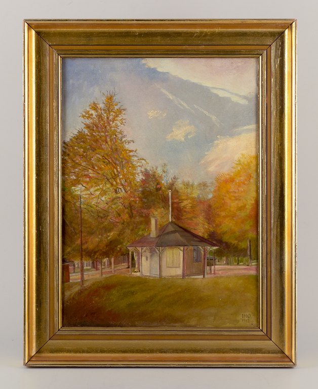 Jeppe Madsen-Ohlsen (b. 1891), well listed Danish painter.
Oil on canvas.
Motif of pavilion in Christiansfeld.