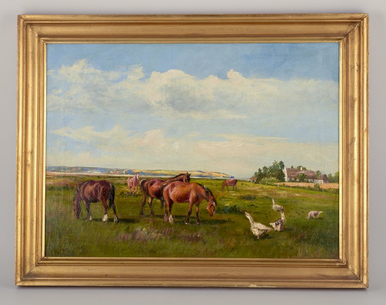 Niels Christiansen (1873-1960), Danish painter.
Oil on canvas.
Horses and geese in a Danish summer landscape.