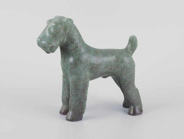 Arne Bang (1901-1983), large ceramic terrier.
Crystal glaze in shades of green.