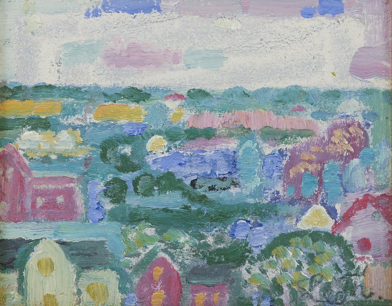 Leo Thellefsen (1909 - 1997), oil on board. Modernist landscape.
