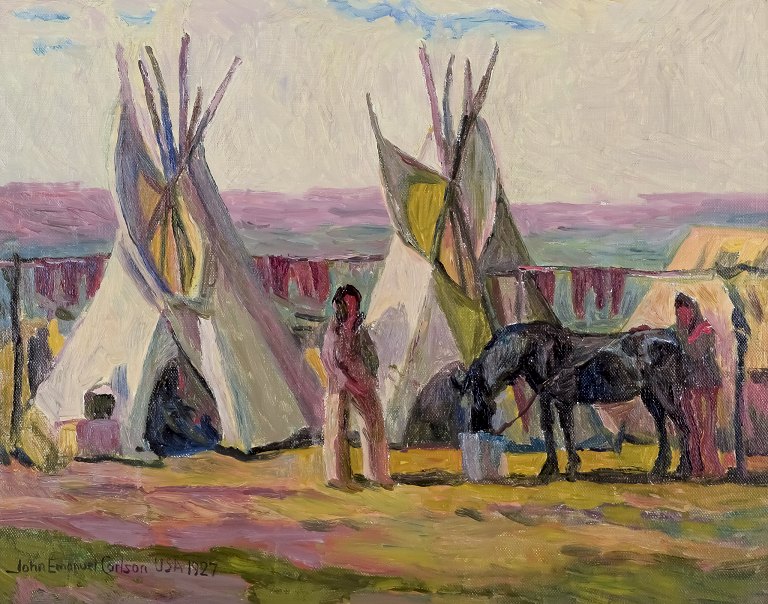 John Carlson (1875-1947), Swedish/American painter.
Oil on board.
Motif of camp with natives. Pine Ridge Reservation – USA.