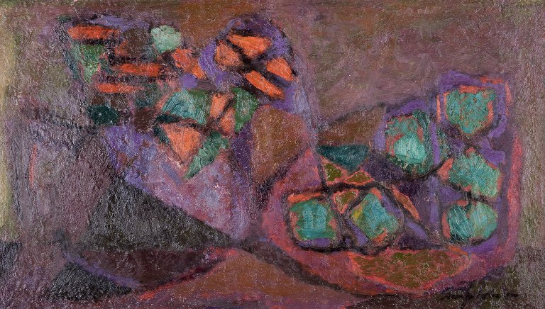 Sven Olof Jakobsson (1917-1952), listed Swedish painter.
Oil on canvas.
Abstract still life.
