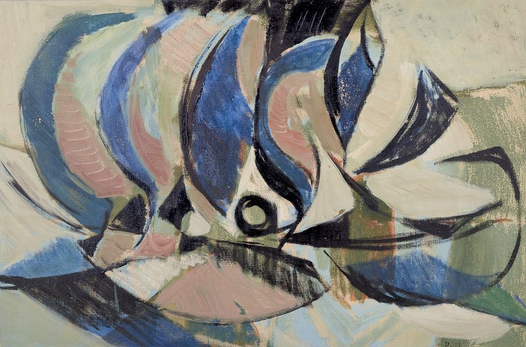 Torsten Hult (b. 1922), Swedish painter. Oil on board.
Abstract composition.
Colourful palette.