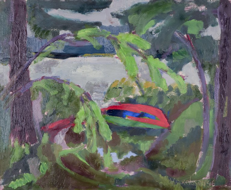 V. Axelsson, Swedish artist.
Oil on canvas.
Modernist landscape.