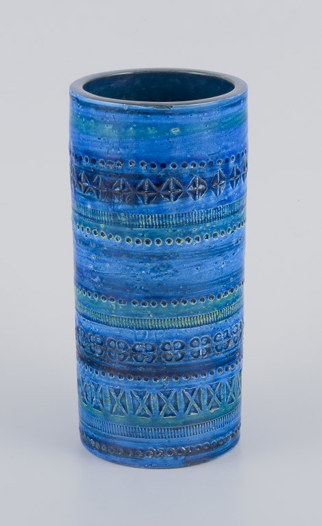 Aldo Londi for Bitossi, Italy. Vase in Rimini blue glazed ceramic with geometric 
patterns. Cylindrical shape.