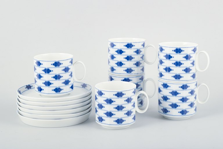 Rosenthal Studio-linie, six pairs of coffee cups with saucers and a cream jug, 
Corinth Blue pattern, design by Tapio Wirkkala.