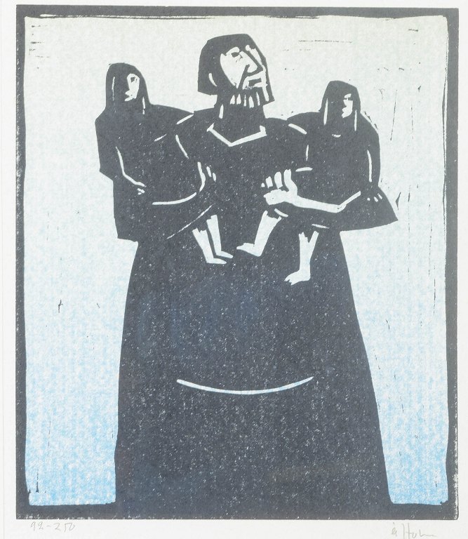 Åke Holm, Sweden.
Woodcut, Laban and his Daughters, 1978.
