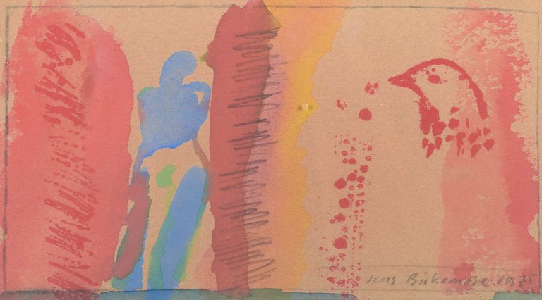 Jens Birkemose, Denmark.
Oil on paper with bird motif, 1975.