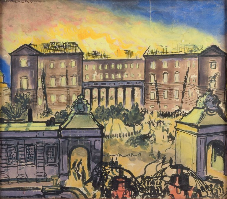 Anton Hansen.
Watercolor.
Christiansborg Palace in Copenhagen during the great fire of 1884.