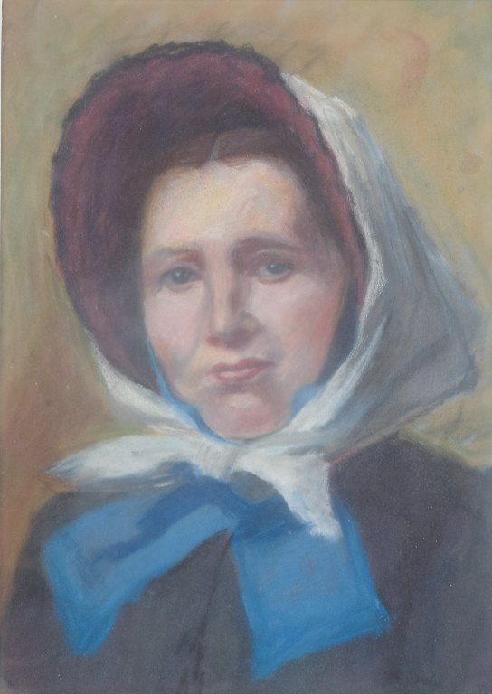 Unknown artist, early 20th century.
Pastel on paper. Portrait of a woman wearing a white headscarf, dark bonnet, 
and blue ribbon.