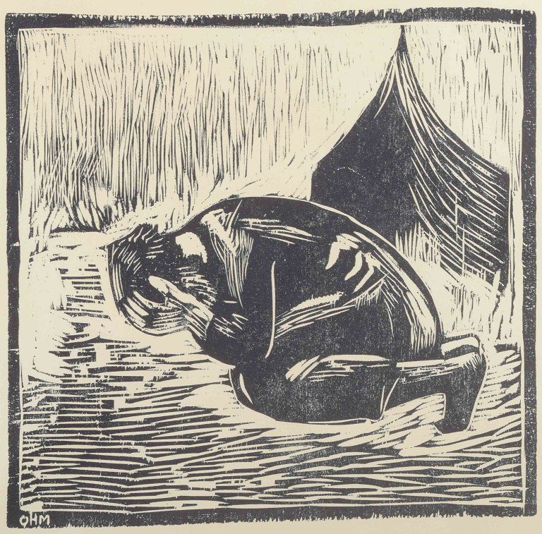 Olivia Holm-Møller, Denmark.
Woodcut depicting a kneeling figure in front of a tent. Signed with the 
monogram "OHM".