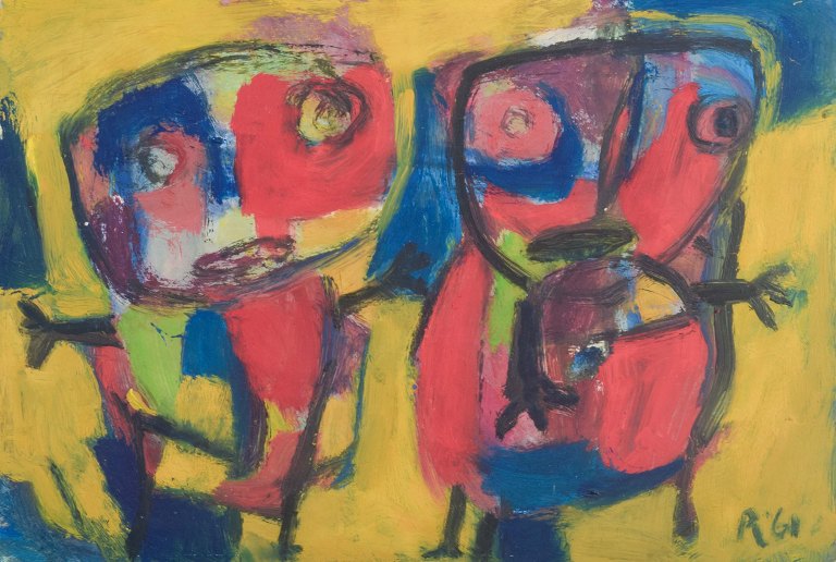 Oil on paper in Cobra style. Signed "R 61".