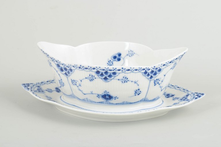 Royal Copenhagen Blue Fluted Half Lace, sauce boat with stand.