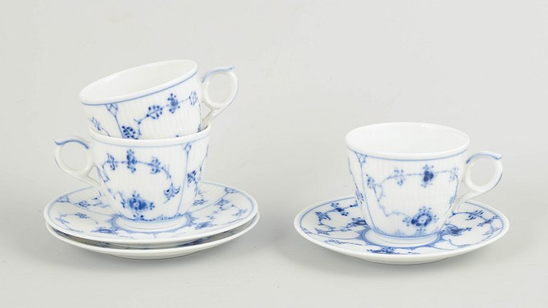 Royal Copenhagen Blue Fluted Plain, set of three demitasse cups with matching saucers.