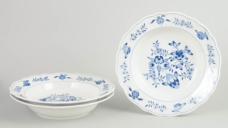 Meissen Blue Orchid, set of three soup plates.