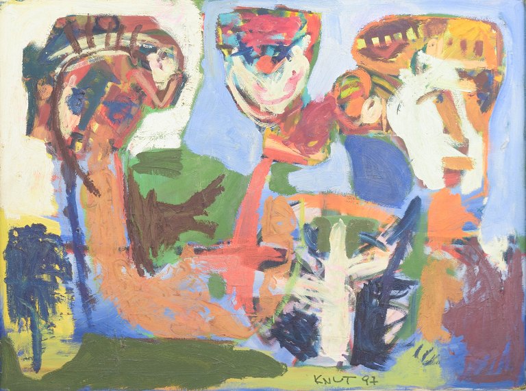 Abstract expressionist painting in Cobra style, signed Knut 1997. Scandinavian artist.