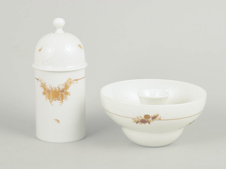 Bjørn Wiinblad for Rosenthal, candlestick and tea holder with lid.