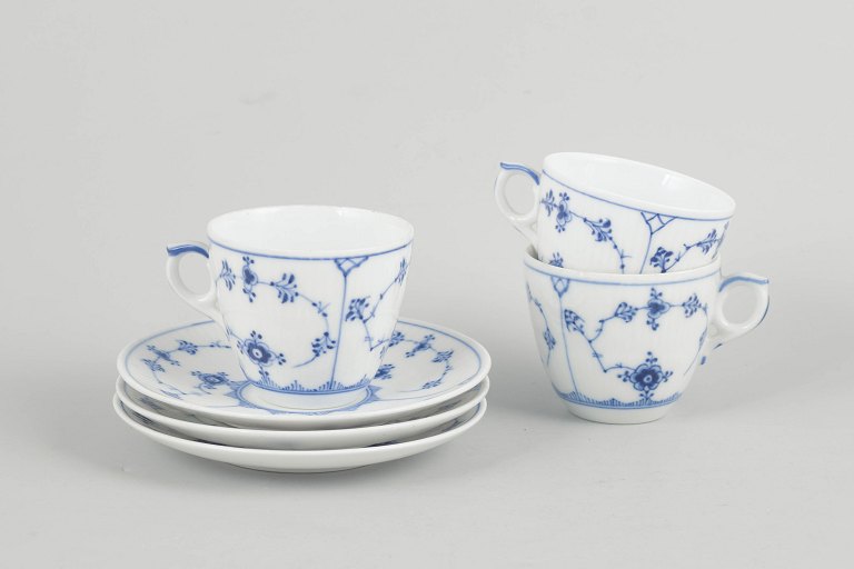 Royal Copenhagen Blue Fluted Plain, set of three coffee cups with saucers.