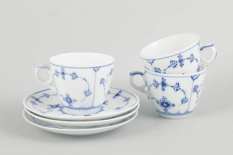Royal Copenhagen Blue Fluted Plain, set of three coffee cups with saucers.