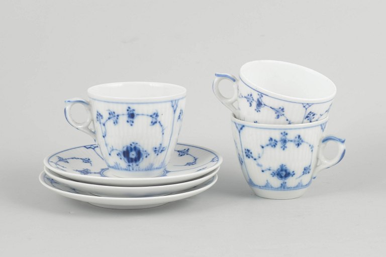 Royal Copenhagen Blue Fluted Plain, set of three coffee cups with saucers.