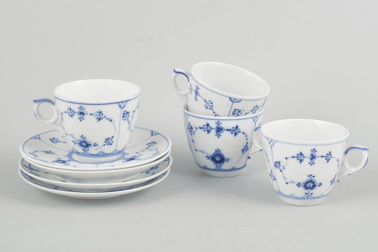 Royal Copenhagen Blue Fluted Plain, set of four coffee cups with saucers.