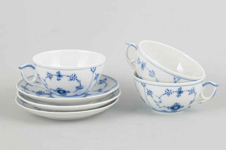 Royal Copenhagen Blue Fluted Plain, set of three tea cups with saucers.
