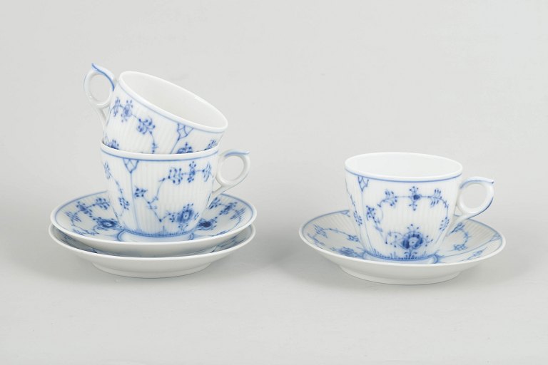 Royal Copenhagen Blue Fluted Plain coffee cups with saucers, set of three.
