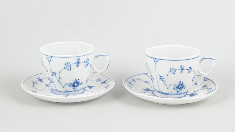Royal Copenhagen Blue Fluted Plain breakfast cups with saucers, pair.Rare