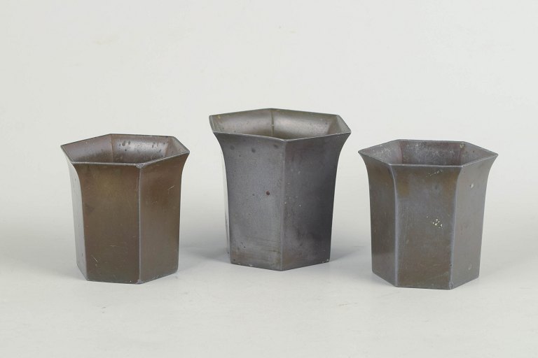 Just Andersen, set of three small vases in disko metal.
