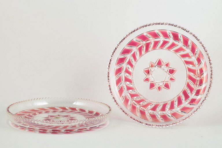 Bohemian crystal glass, pair of large dishes.